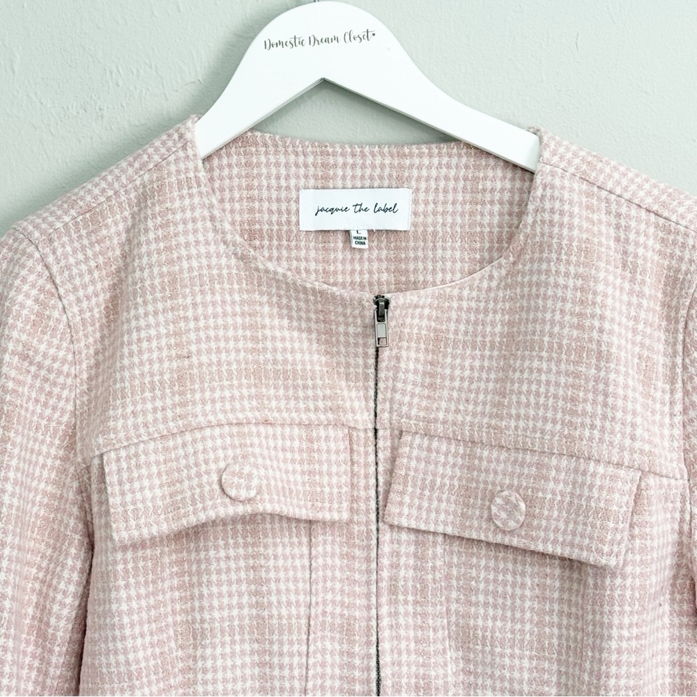 JACQUIE THE LABEL Women’s Pink White Tweed Bouclé Cropped Zip Jacket Size Large - Picture 2 of 8